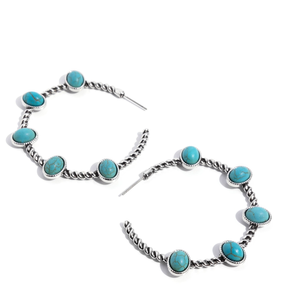 Paparazzi Silver and Turquoise Stone Earrings Canyon Course Blue Hoop Jewelry